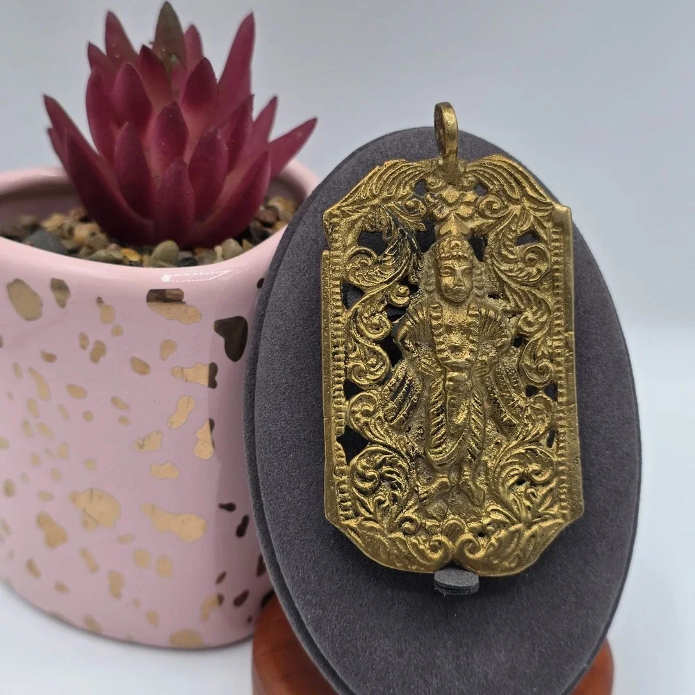 Vintage Brass Vishnu Deity Pendant Amulet Religious Charm Ornate Filigree‎ Hindu